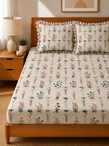 Image of 380 TC Premium Glace Cotton Elastic Fitted Bedsheet King Size with 2 Pillow Covers King Size | Double Bed with All Around Elastic (HALALUIA, Fitted - 72 inchx78 inch King)