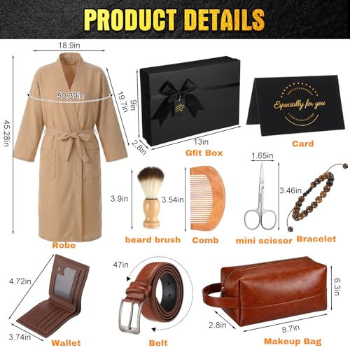 Image of Shyyween 10 Pcs Birthday Gifts Baskets for Men Father Gift Get Well Soon Gifts Beard Care Set Graduation Gift for Him with Bathrobe, Wallet, Beard Comb & Brush Set for Dad Boyfriend Husband(Khaki)