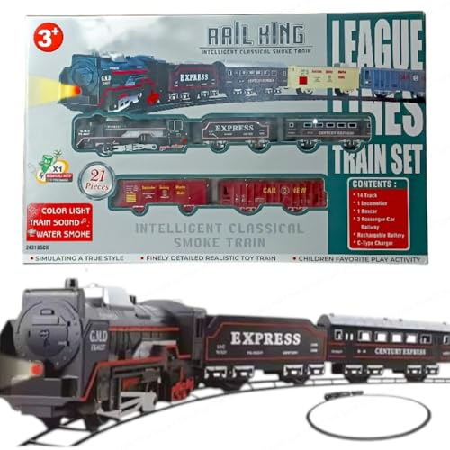 Image of SHAKTISM Rail King Classical Smoke Train Set for Kids - Battery Operated Toy Train with Sound, Light & Water Smoke,21 Pieces,Includes Tracks, Locomotive, Boxcar, Passenger Cars - Age 3+