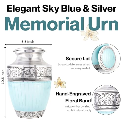 Image of ALPHA Living HOME Cremation Urns for Human Ashes Adult - Handcrafted Aluminum Memorial Funeral Urn with Silver Engraving, Decorative Burial Urn with Secure Screw Lid, (Sky Blue & Silver)