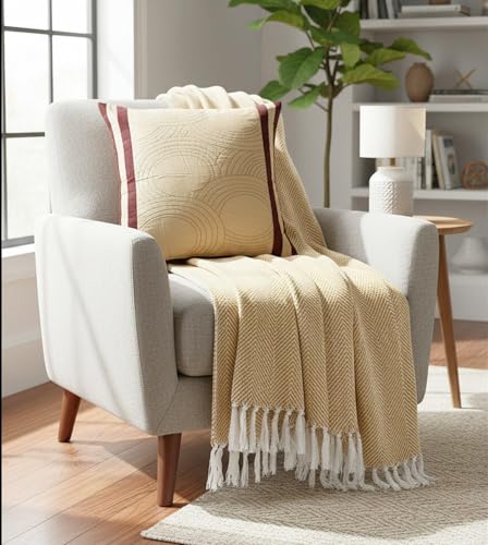 Image of SAJAVAT HOME Soft Cotton 3 Seater Sofa Throw with Cushion Cover | Beige & Yellow White Throw 82 inchx52 inch & Yellow Silk Cushion Cover 18''x18'' for Living Room, Bedroom, Sofa, Chair & Gift | Pack of 1