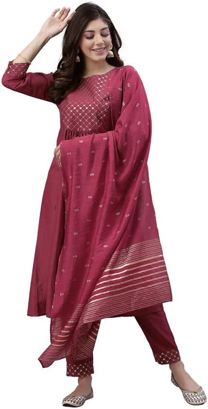 SKYLEEWomen's Embroidery & Digital Print Chinnon Straight Kurta Set with Dupatta