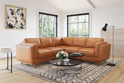 Image of Valencia Artisan Full Leather Sofa - Pure Full Italian Nappa Leather Couch, Solid Wood Accent, Ultimate Comfort (Cognac, L-Shape Sectional)