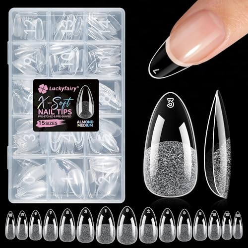 Luckyfairy Almond Nail Tips, 15 Sizes Pre-Etched Medium Almond Shape Press on Nails, 270pcs X-SOFT...