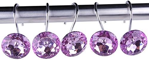 Adwaita Decorative Shower Curtain Hooks, Acrylic Crystal Rhinestones, Set of 12 (Purple)