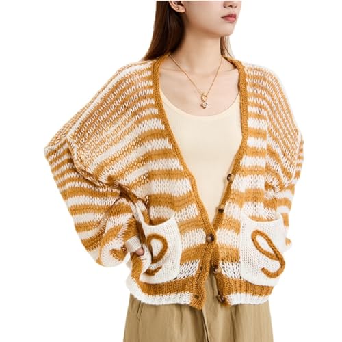 Women's Lightweight Cardigan Sweater Crochet Long Sleeve Button Stripe Color Block Outerwear3