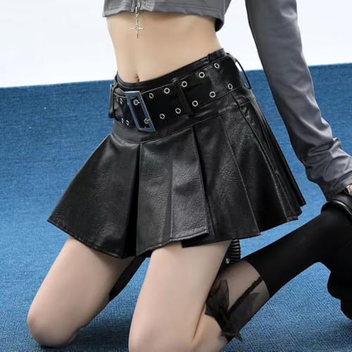 Women's PU Leather Short Skirt High Waist A-Line Flowing Hem Casual Pleated Fashion Skirts with Lining2