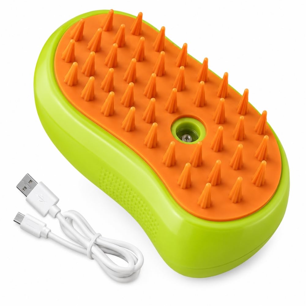 Escova a Vapor para Pets 3 em 1 Tira Pelos Recarregável USB - Pente de Massagem e Banho a