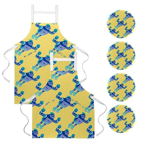 Lot de 2 tabliers de cuisine avec 4 broches à motif robot multicolore