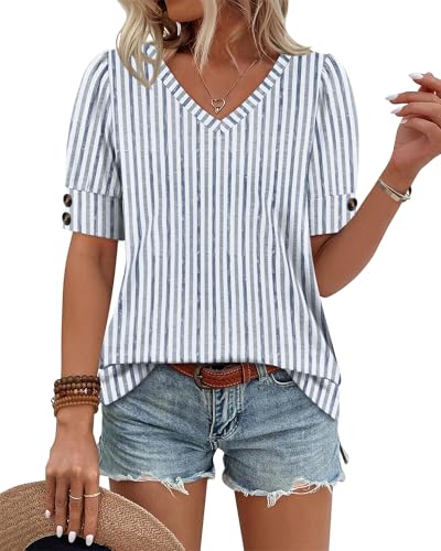 Image of OFEEFAN Womens Tops Short Sleeve Shirts Buttons V Neck Spring Fashion Summer Outfits Plus Size Blouses Dressy Casual