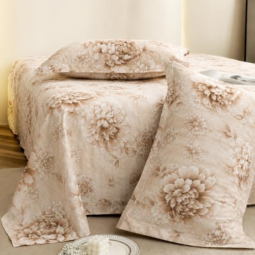 Image of DECOR2ADMIRE 300 TC Super King Size Glace Cotton Printed Bedsheet with 2 Pillow Covers - 108 inch x 108 inch (275cm x 275cm) - Available in Multiple Elegant Designs (Brown Petal Garden)