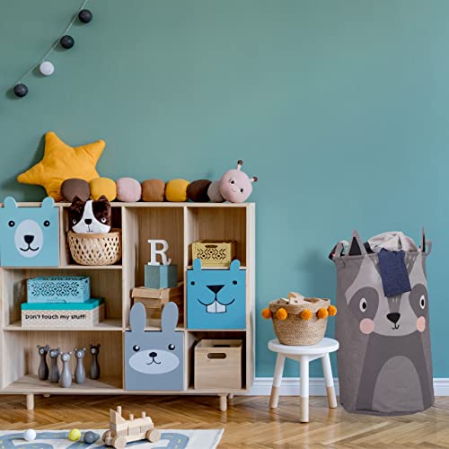 Relaxdays Aufbewahrungskorb für Kinder, Waschbär-Motiv, faltbar, H x D: 55 x 33 cm, Spielzeugkorb mit Henkeln, grau