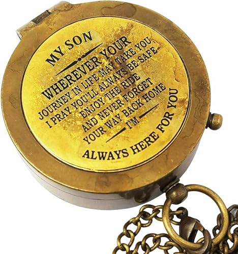 Brújula de bronce vintage con mensaje grabado personalizado, diseño náutico con cadena y estuche de cuero antiguo miniatura 4