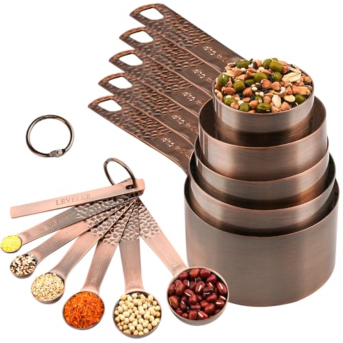 Smithcraft Copper Measuring Cups and Spoons Set 11, Dry Metal Measuring Cup Set for Cooking&Baking, Stainless Steel Measuring Cups and Spoons, 5 Measure Cups and 6 Kitchen Measurement Spoons & Leveler