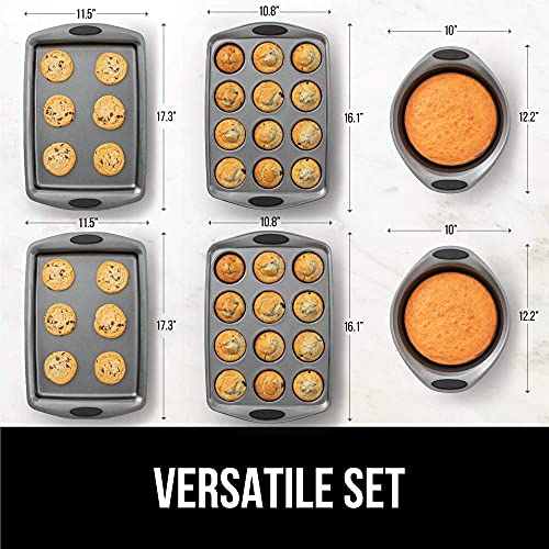 Gorilla Grip Nonstick, Heavy Duty, Carbon Steel Bakeware Sets, 6 Piece Baking Set, Rust Resistant, No Bending Or Popping, Silicone Handle, 2 Cookie Sheets, Round Cake Pans, 12 Cup Muffin Tins, Black #TOP5