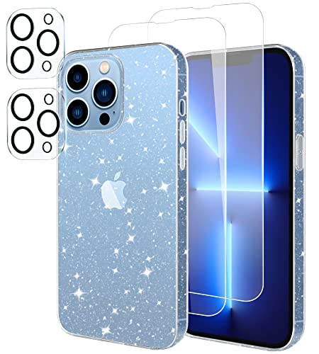 Yohii Coque Compatible avec iPhone 13 Pro Max Paillette, 2 Pièces Verre Trempé et 2 Pièces Protecteur de Caméra, Glitter Transparent Etui Silicone TPU Bumper Housse - Clear Cover