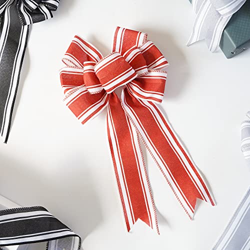 Huihuang Red White Stripe Ribbon Red Wired Burlap Ribbon 2.5 Inch X 10 Yards Valentine's Wreath Ribbon For Gift Wrapping Bows Crafts Swags Home Door Decoration Christmas Bows #TOP5