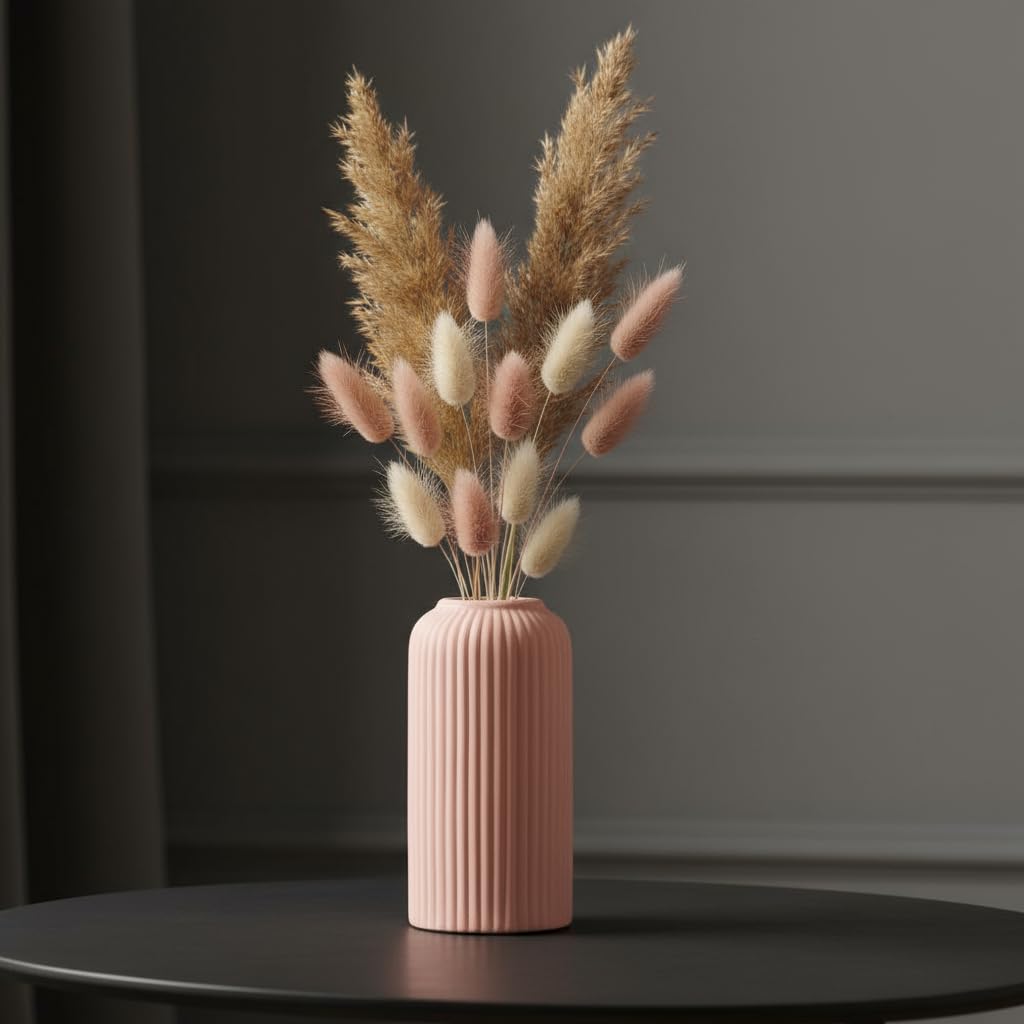 PUREZENTO Pink Ribbed Texture Ceramic Vase - 6 Inch | Vases for Centerpiece Home Decor, Living Room & Bedroom | Vases for Pampas Grass, Dried & Artificial Flowers
