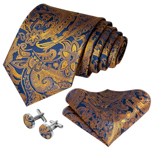 Image of 5PCS Mens Premium Silk Tie, Pocket Square, Cufflinks, Drilled Tie Ring and Lapel Pin Set for Wedding Groom Party