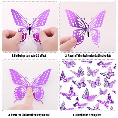 Image of SAOROPEB 3D Butterfly Wall Decor 48 Pcs Purple Butterfly Decorations | 4 Styles 3 Sizes, Birthday Decorations Butterfly Party Decorations Cake Decorations, Removable Stickers