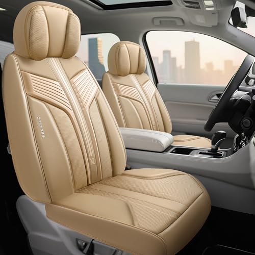Image of CAR PASS Nappa Leather Seat Covers, Breathable Waterproof Car Seat Covers Full Set, Luxury 3D Sponge Support Full Coverage Seat Protector, Universal Fit SUV Pick-up Truck Sedan Automotive All Beige