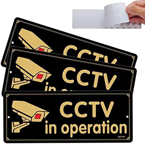 3 Pack CCTV In Operation Sign for House Window Office, 250 x 100mm Self Adhesive CCTV Stickers Reflective Aluminium Metal Signage for Car Front Door or Wall Outdoor Indoor with 2 Pre-Drill Hole