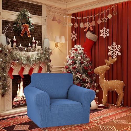 KEKUOU Stretch Single Sofa Slipcover 1 Piece Couch Sofa Cover (31"-55") Furniture Protector 1 Seater Sofa with Elastic Bottom for Kids,Pet.Jacquard Small Checked Pattern Fabric(Small,Riverside)