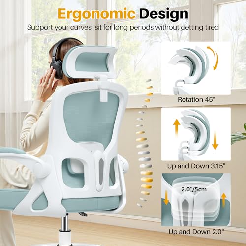 Image of Drafting Chair, Tall Office Chair for Standing Desk, Ergonomic High Back with Headrest, Lumbar Support, Foot Ring and Flip-up Armrests, Light Blue