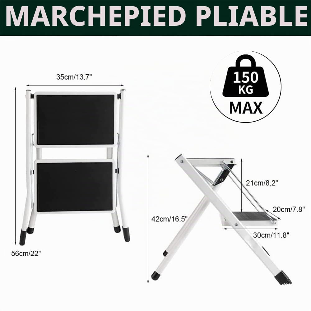 Escabeau Pliant Portatif de Tabouret Robuste à 2 Marches avec Pédales Antidérapantes en Caoutchouc Capacité de Charge Maximale 150kg