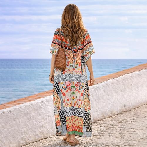 Image of Miss Lavish London Black Kaftan Dresses for Women V Neck Batwing Sleeve Beach Vacation Bikini Swimsuit Cover Ups, Ethnic Print Plus Size with Side Slits & Pockets, Resort Wear Cruise Coverup-Black-M