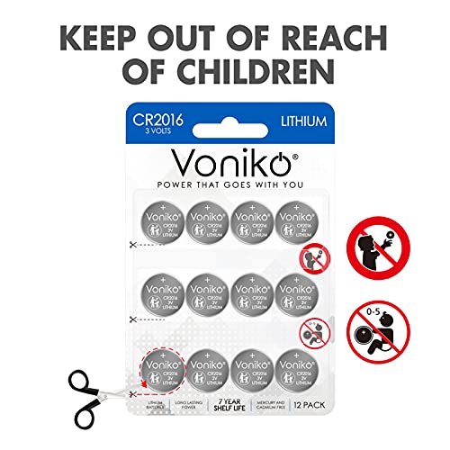 Voniko 3V 2016 Battery 12 Pack – Button Cell 2016 Batteries – Lithium Cr2016 3 Volt Coin Battery – Child-Protection Packaging, 7 Years Shelf Life #TOP3