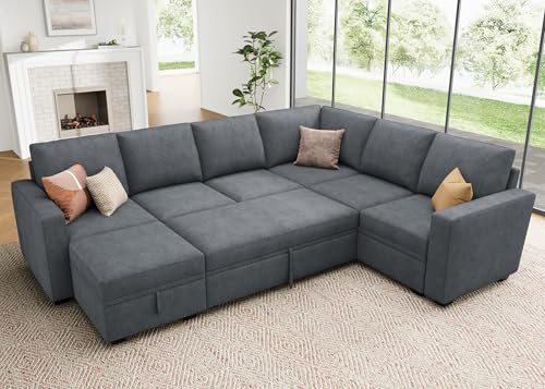 HONBAY U-Shaped Modular Sectional Couch with Pull-Out Bed