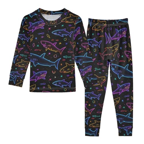 ALAZA Shark Neon Black Pajamas Long Sleeve Sleepwear 2-Piece Pajama Set