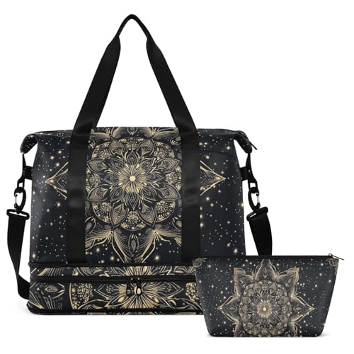 Black Golden Mandala Gothic Oversized Travel Duffel Bag Weekender Travel Overnight Bag with Toiletry Bag for Workout Large Capacity2