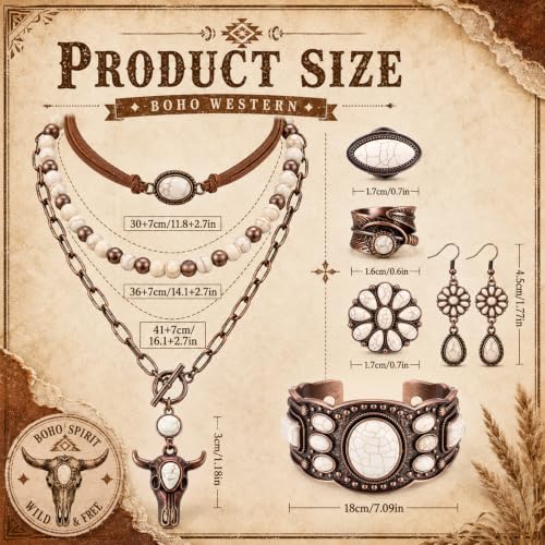 Image of Ecally Bohemian Western Jewelry Turquoise Set Women Country Pendant Long Choker Layered Bracelets Earrings Ring for Women