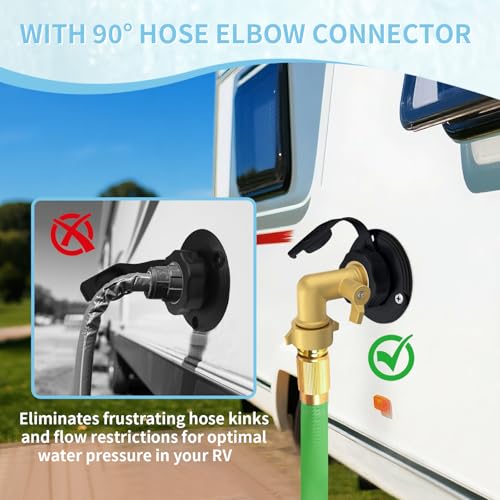 RV City Water Inlet with Brass Check Valve, 3/4 NH Female to 1/2 NPT Male Flange RV Fresh Water Inlet Durable RV Water Replacement Connection Fittings for RV Camper Motorhome, Black (with Hose Elbow)