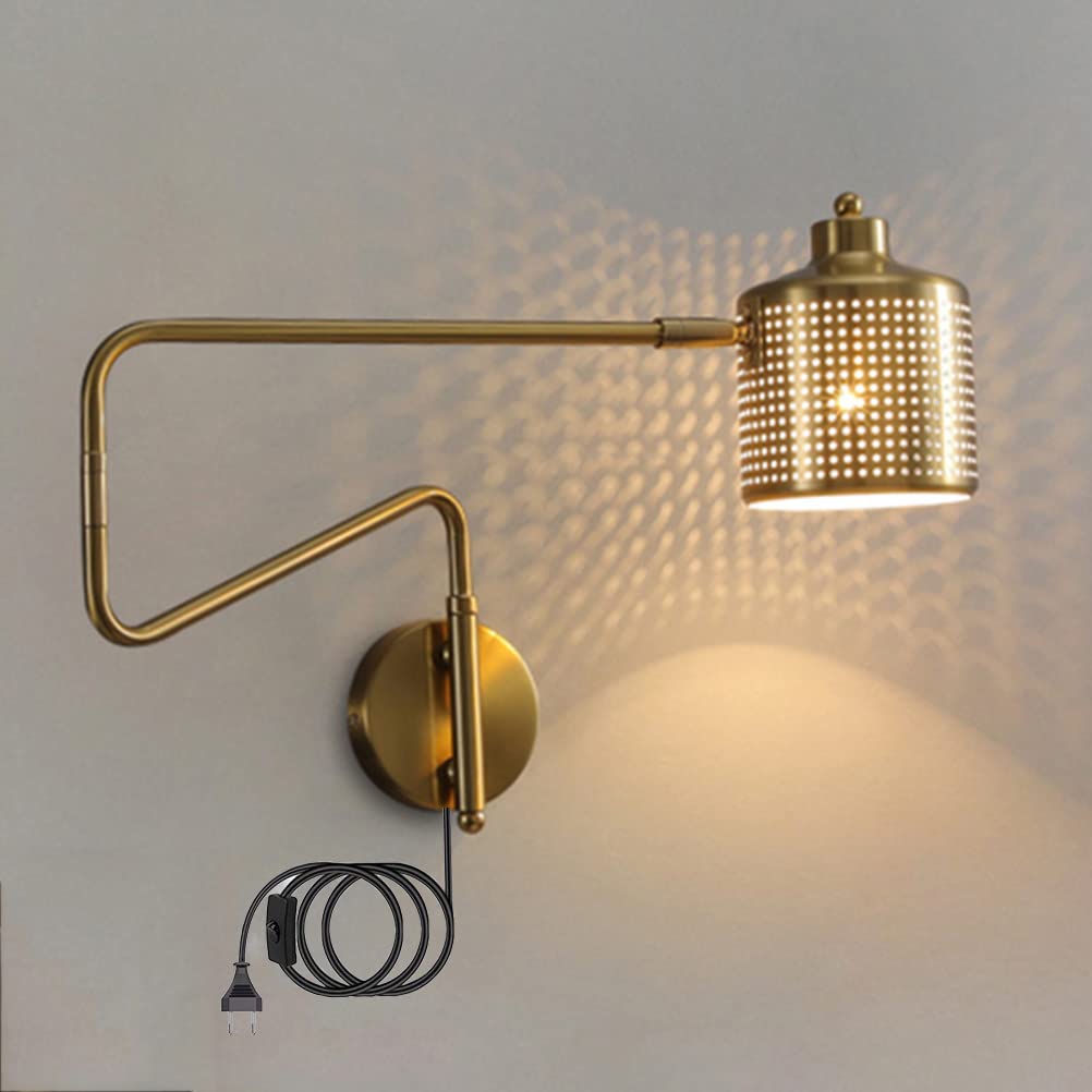 Gold Swing Arm Bedside Wall Lamp with Plug in Cord, Long Arm Reading Indoor Light Fixture E27 for Bedroom Living Room Kitchen Study