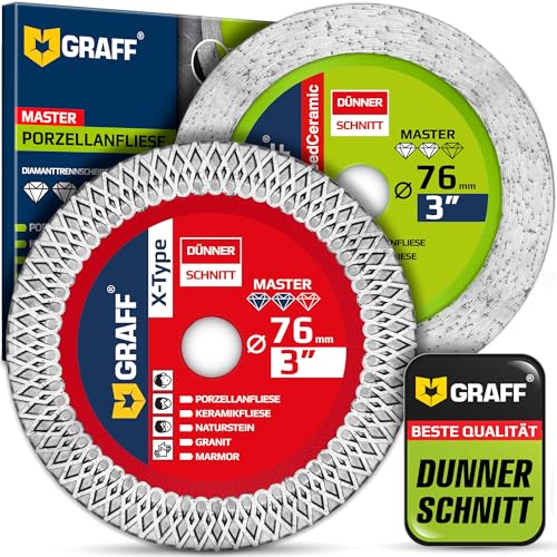 Lot de 2 Disque Diamant 76 mm x 10 mm Super Fin pour Carrelage, Grès Cérame, Céramique et Pierre Naturelle – Disques à Tronçonner Diamant 1,3 mm pour Meuleuse Droite et Mini-Meuleuse GRAFF