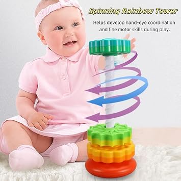 Rainbow Spinning Toy Stacking Toy for Kids, Baby Sensory Spin Gears Toy Baby Ring Stacker Montessori Plugging Toys Early Educational Learning Toys for Girls Boys (F)