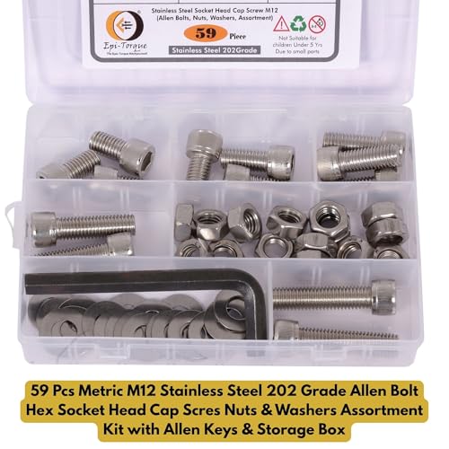 Image of Metric M12 Stainless Steel 202 Grade Allen Bolt Hex Socket Head Cap Scres Nuts & Washers Assortment Kit with Allen Keys & Storage Box - 59 Pieces