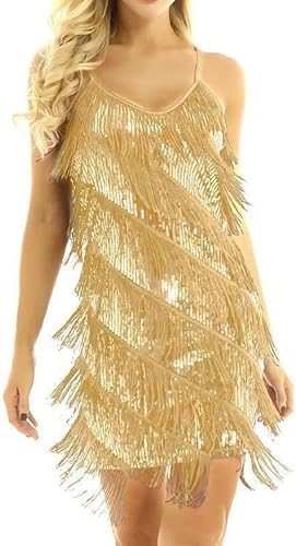 Women's Sequins Tassel Dance Costume 1920s Flapper Cocktail Party Dress Latin Ballroom Dance Dress (AU, Alpha, XX-Large, Regular, Regular, Gold)