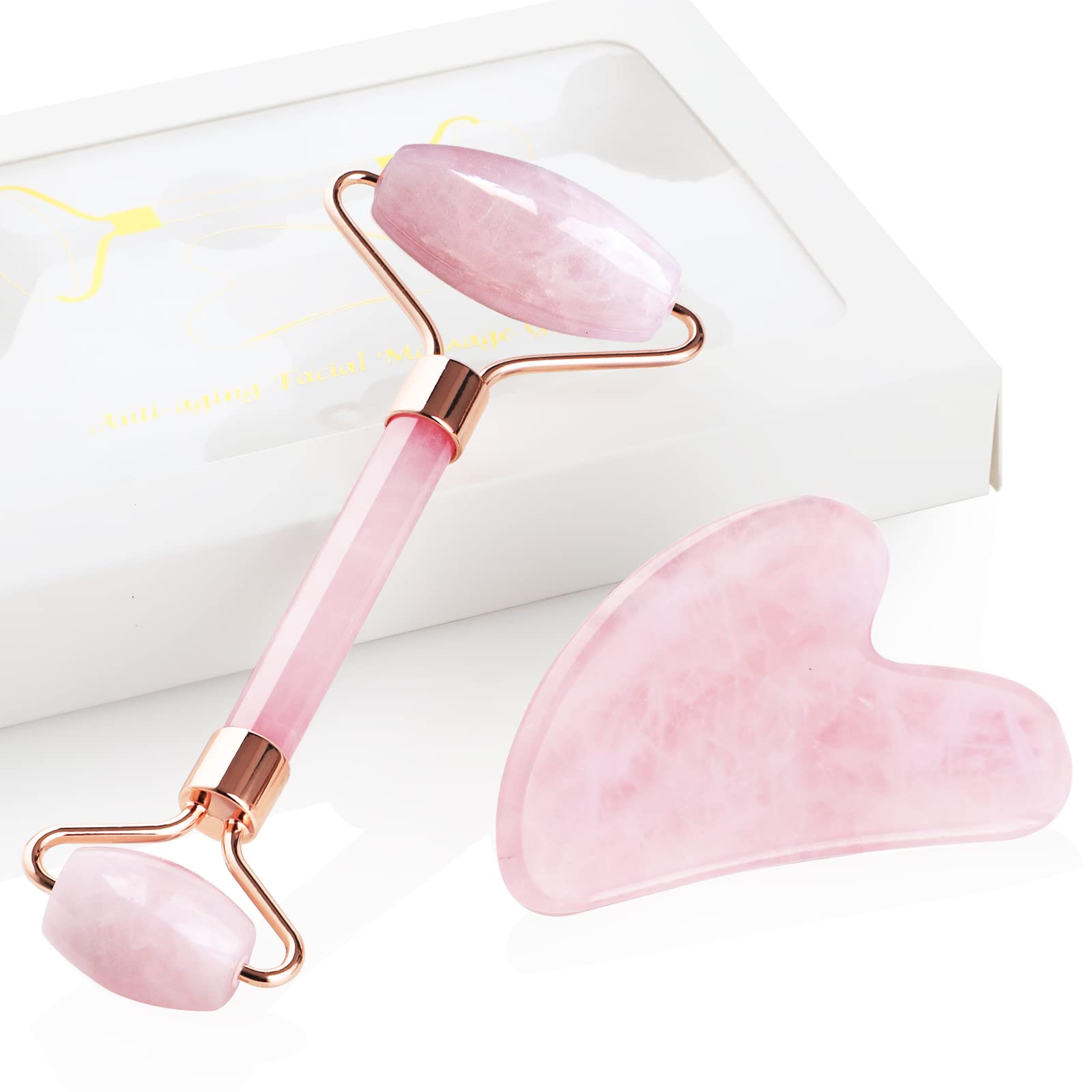 GeeRic Masajeador Facial, Masajeador Gua Sha Mujer Rodillo Masaje Guasha Facial Piedra Masajeador de Ojos Bolsas y Ojeras, Belleza Jade Natural Roller Facial Cuarzo Antienvejecimiento,Cuarzo Rosa
