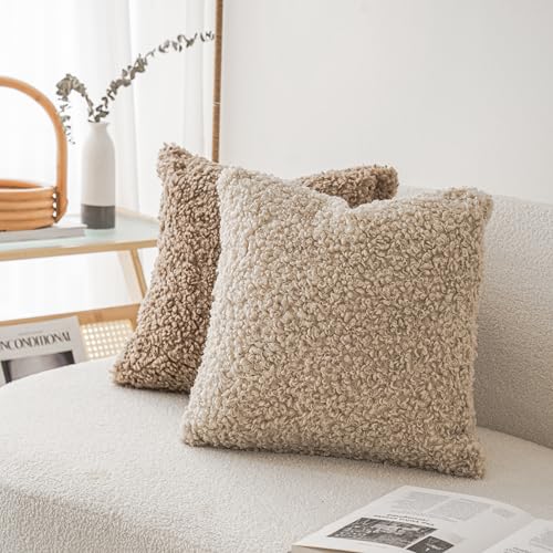 Image of Foindtower 2 Pieces 20x20 Inch Light Khaki, Faux Fur Throw Pillow Cover Accent Sherpa Pillow Fuzzy Soft Pillowcases Sheepskin Decorative Fleece Cushion Case for Bed Couch Living Room