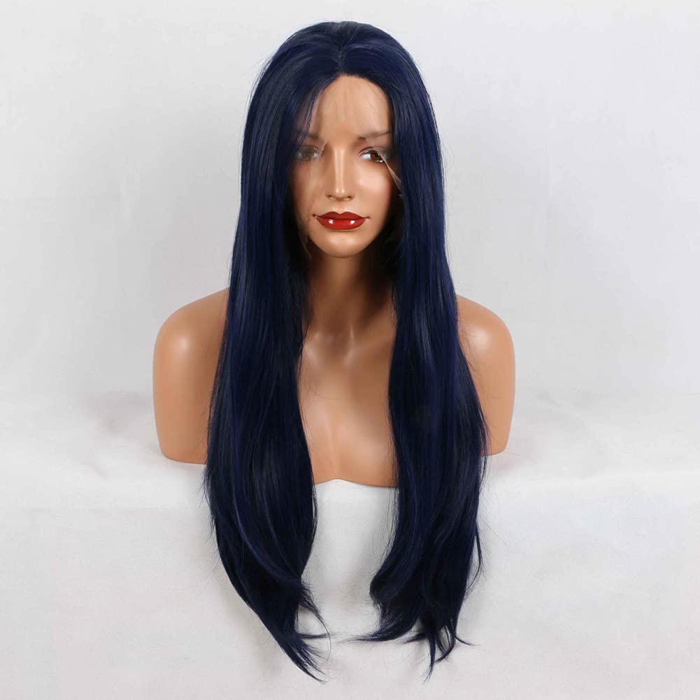 Blue Lace Front Wig for Women Long Straight Dark Blue Middle Part Wig Synthetic Natural Hairline Soft Wig Heat Resistant Fiber Cosplay Makeup Wigs 24 Inch