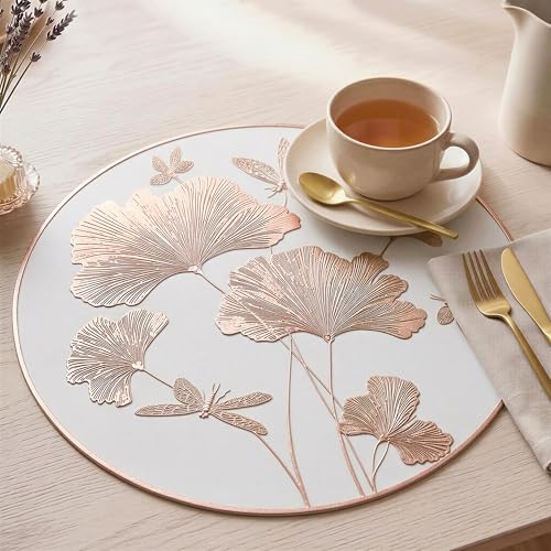 Image of Yellow Weaves 2 Pcs PVC Round Table Placemats, Dining Table Mat, Stain Resistant, Anti-Skid, Waterproof, Washable, Dining, Kitchen, Restaurant Table Set Easy to Clean, Durable (Leaf Rose Gold)