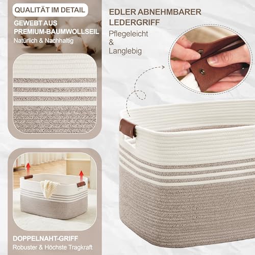 Wäschekorb Geflochten Groß aus Baumwollseil, 72L Aufbewahrungskorb mit Lederhenkeln, Korb für Decken, Kleidung, Spielzeug, Laundry Basket für Kinderzimmer Wohnzimmer, 55 x 43 x 30 cm, Weiß und Braun