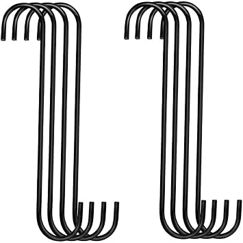 Extra Large 12 inch S Hooks for Hanging,S Shaped Hook Heavy Duty,Black Long S Hooks for Hanging Plant,Basket,Tree Branch,Closet,Garden,Pergola,Indoor Outdoor Uses 8 PCS