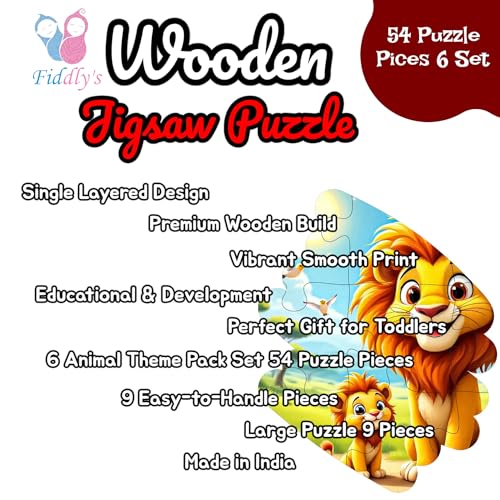 Image of Fiddlys Single Layered Wooden Jigsaw Puzzle Games for Children & Kids -9 Pieces Age 2 3 4 5 6 Year Old Years Old Girls & Boys Animals Jigsaw Puzzle (Pack of 6 Wild Animal)