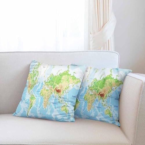 Miniatura 6 de Beabes Juego de 2 fundas de almohada decorativas con diseño de mapa del mundo, geografía terrestre y marítima con etiquetado, para el hogar, sofá,