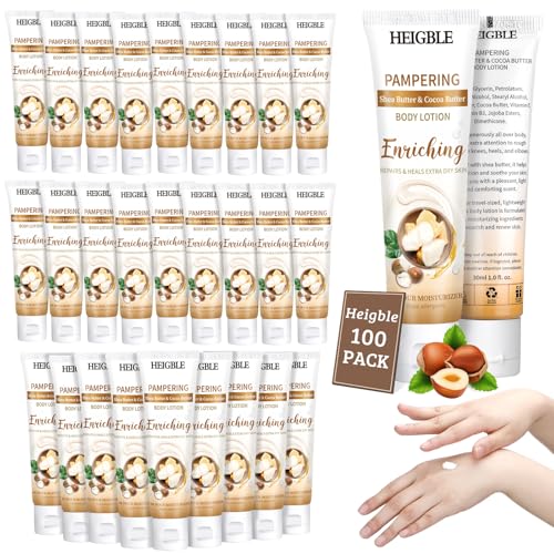 Heigble 100 Pack Travel Size Body Lotion Shea Butter Cocoa Butter Body Cream 1 oz Dry Skin Moisturizer with Flip Cap for Extra Dry Skin Inns Hotels Resorts Airlines Offices Gyms and More